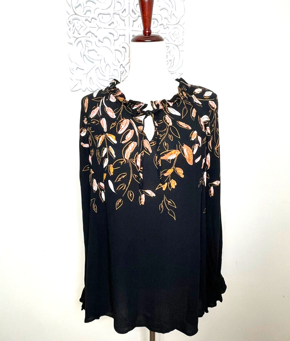 Wonderly Women's LARGE Peasant Blouse Boho Cottage Core BLACK Leafy NWT